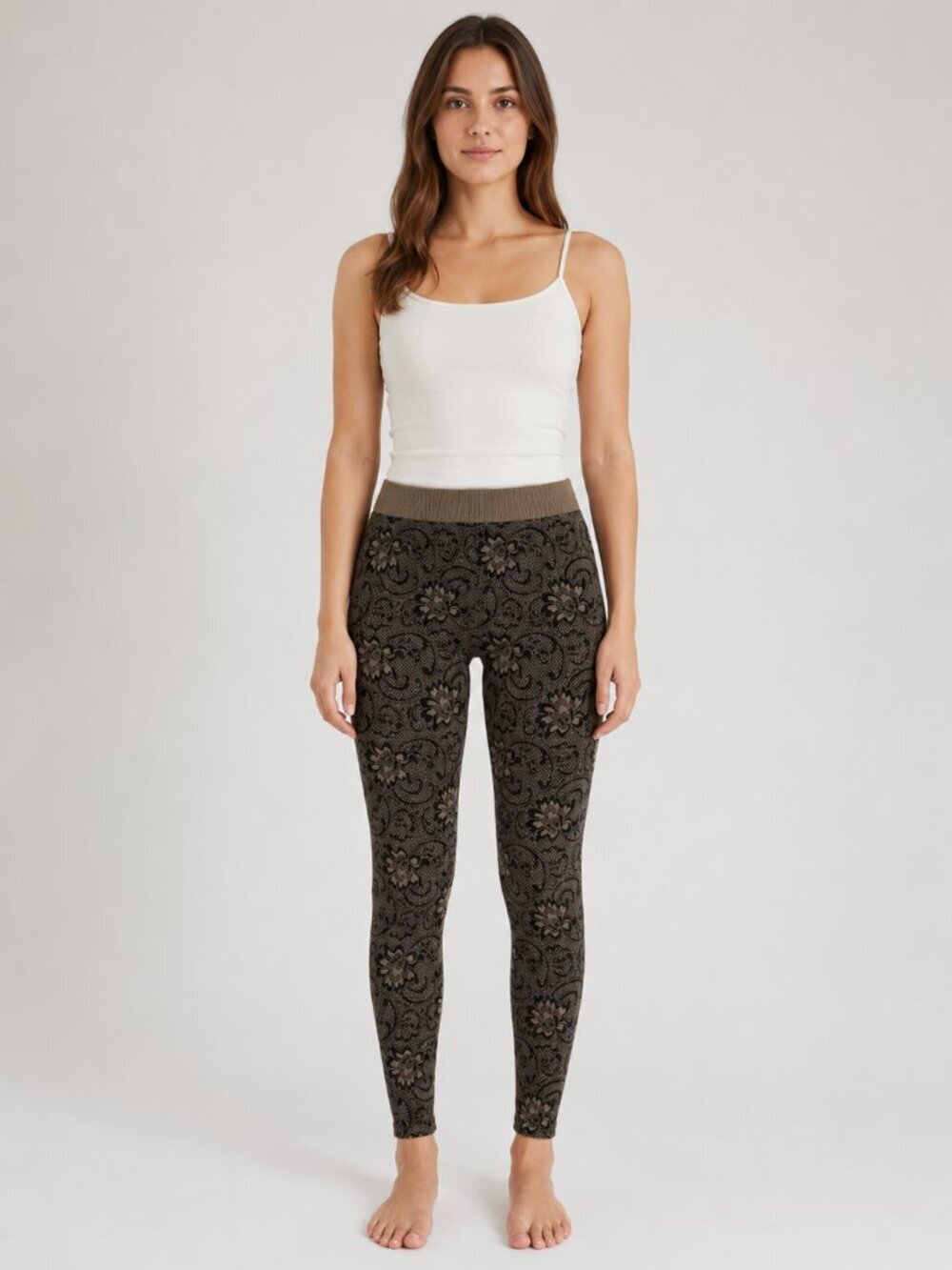 NIKIBIKI Floral Lace Print Leggings One Size Taupe Black Made USA